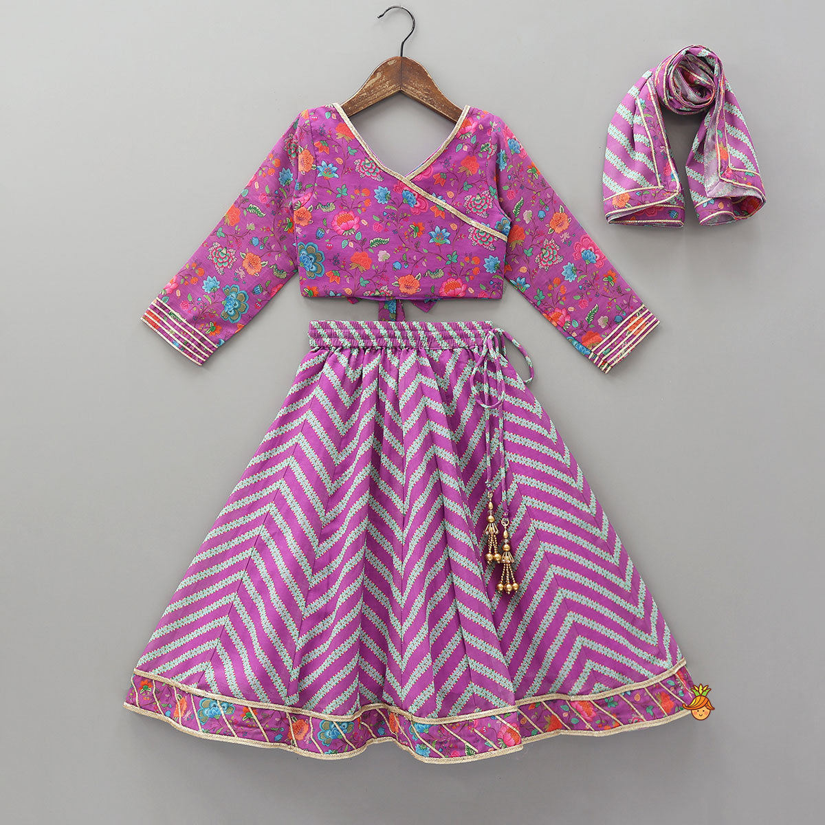 Pre Order: Floral Printed Lace Detailed Purple Top And Lehenga With Dupatta