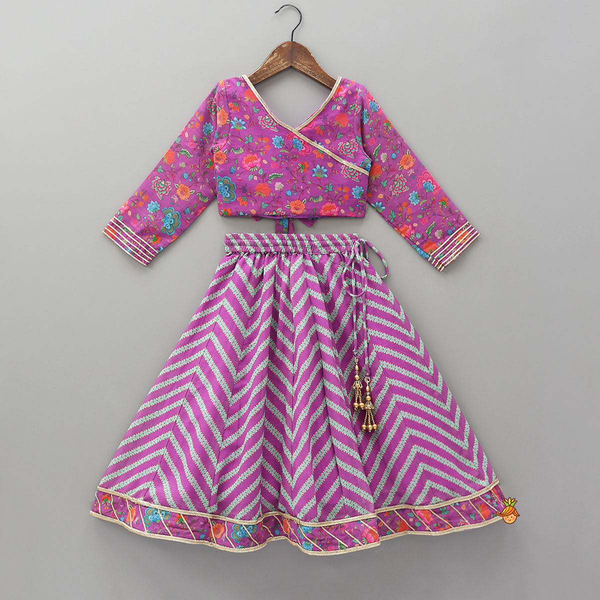 Pre Order: Floral Printed Lace Detailed Purple Top And Lehenga With Dupatta