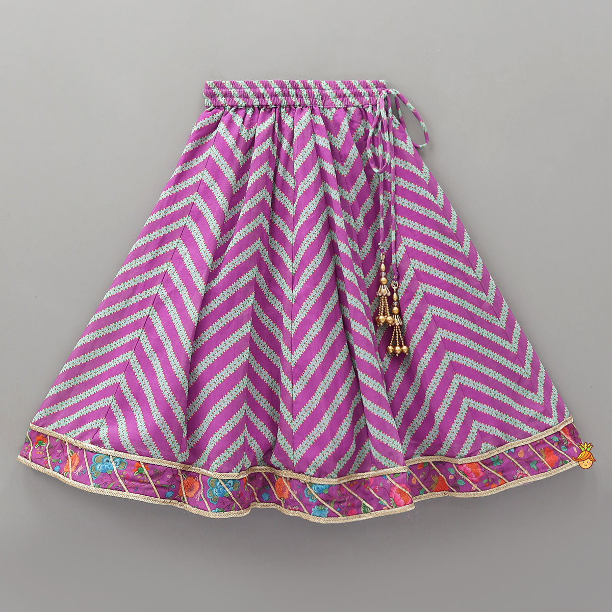 Pre Order: Floral Printed Lace Detailed Purple Top And Lehenga With Dupatta