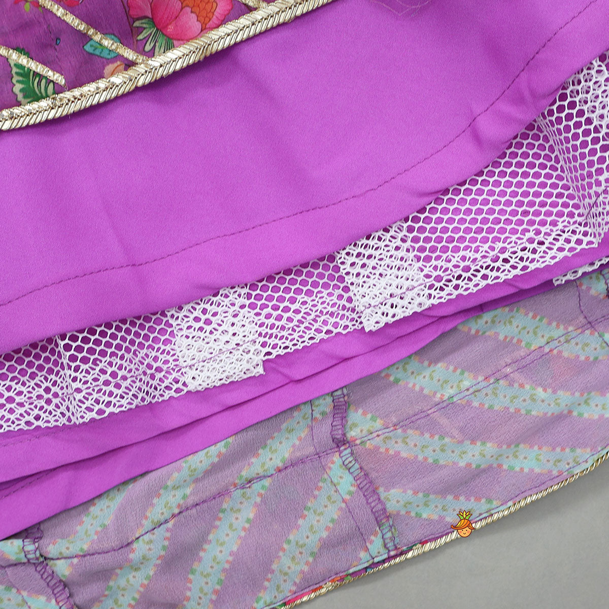 Pre Order: Floral Printed Lace Detailed Purple Top And Lehenga With Dupatta
