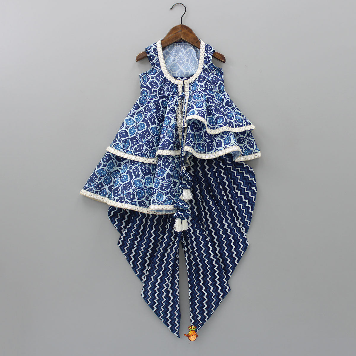 Pre Order: Printed Blue Crop Top With High Low Jacket And Dhoti