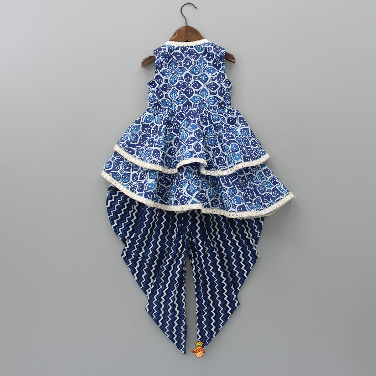 Pre Order: Printed Blue Crop Top With High Low Jacket And Dhoti