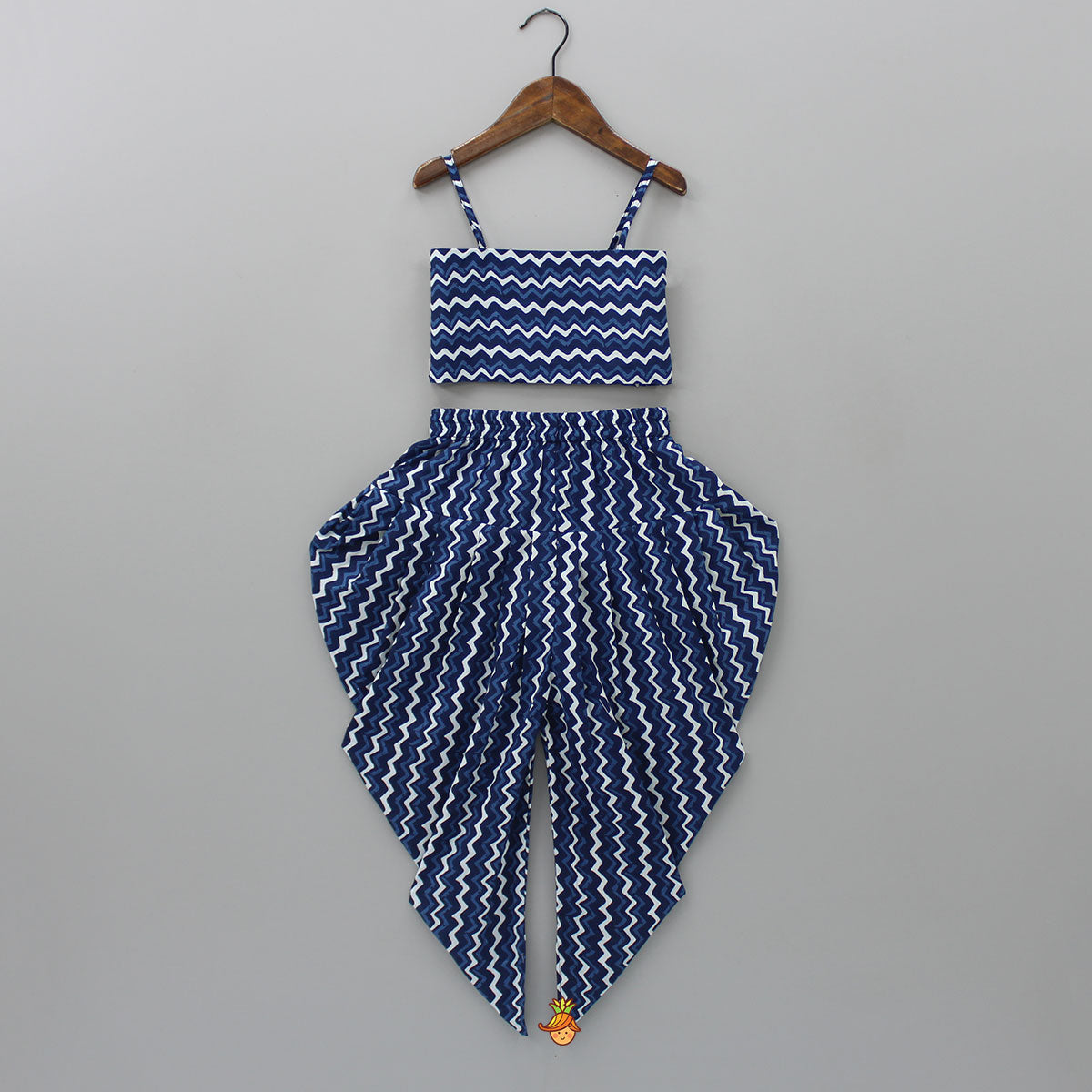 Pre Order: Printed Blue Crop Top With High Low Jacket And Dhoti