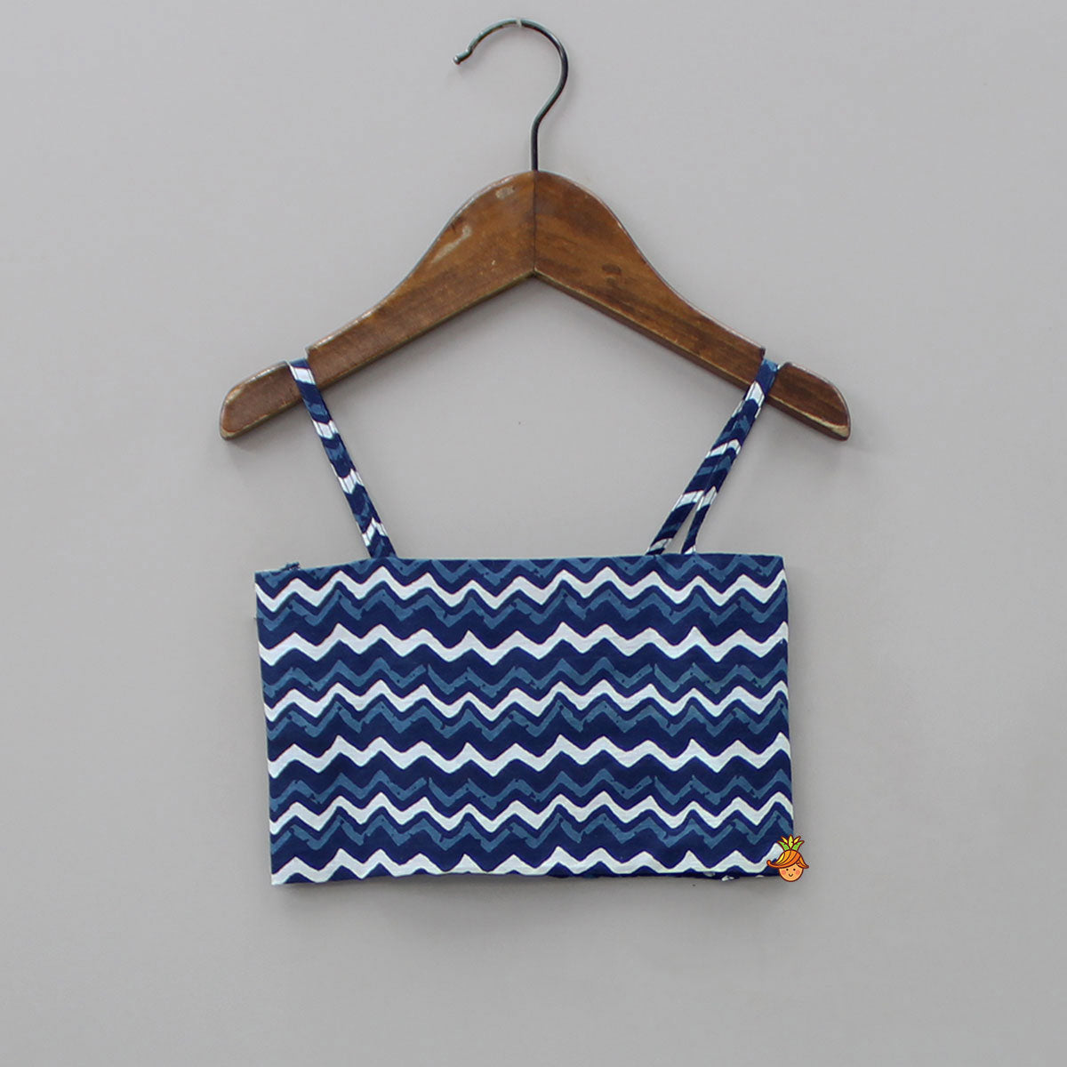 Pre Order: Printed Blue Crop Top With High Low Jacket And Dhoti