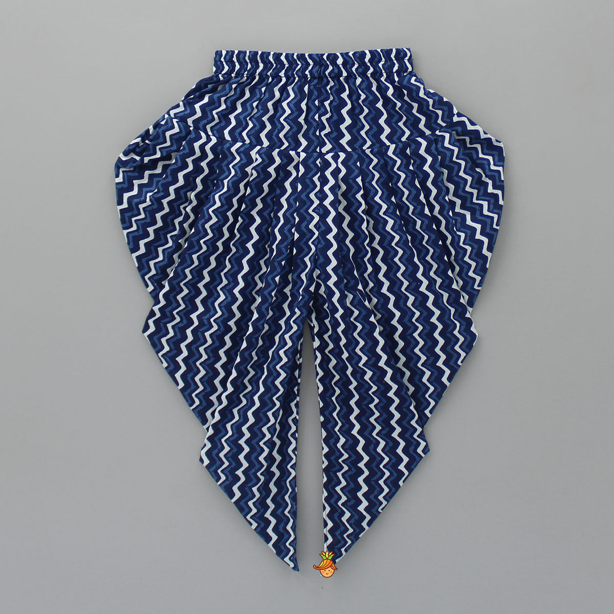 Pre Order: Printed Blue Crop Top With High Low Jacket And Dhoti