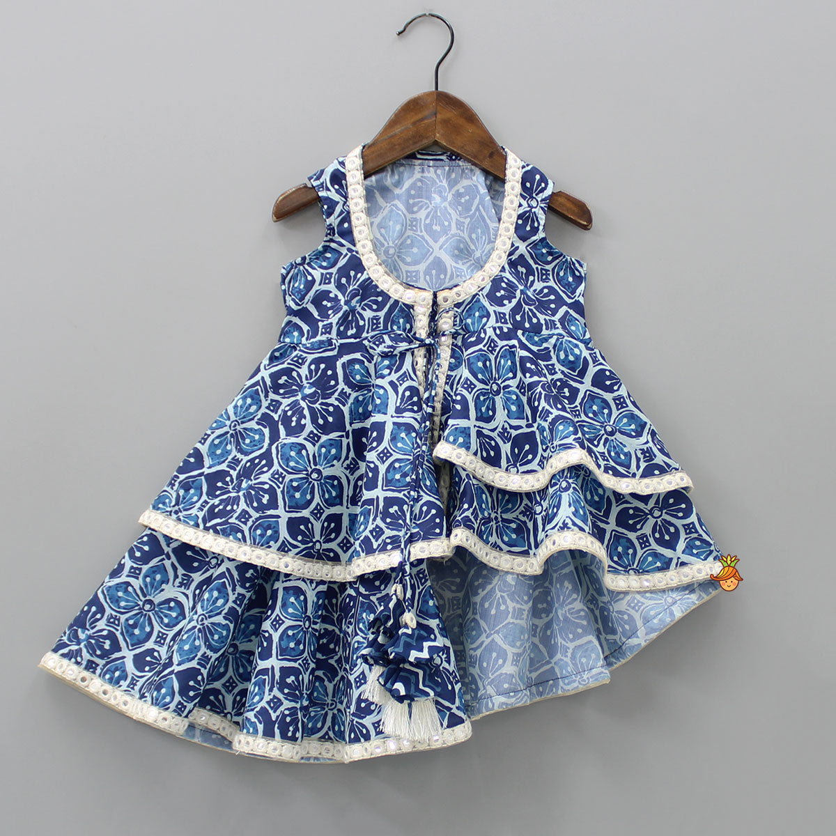 Pre Order: Printed Blue Crop Top With High Low Jacket And Dhoti