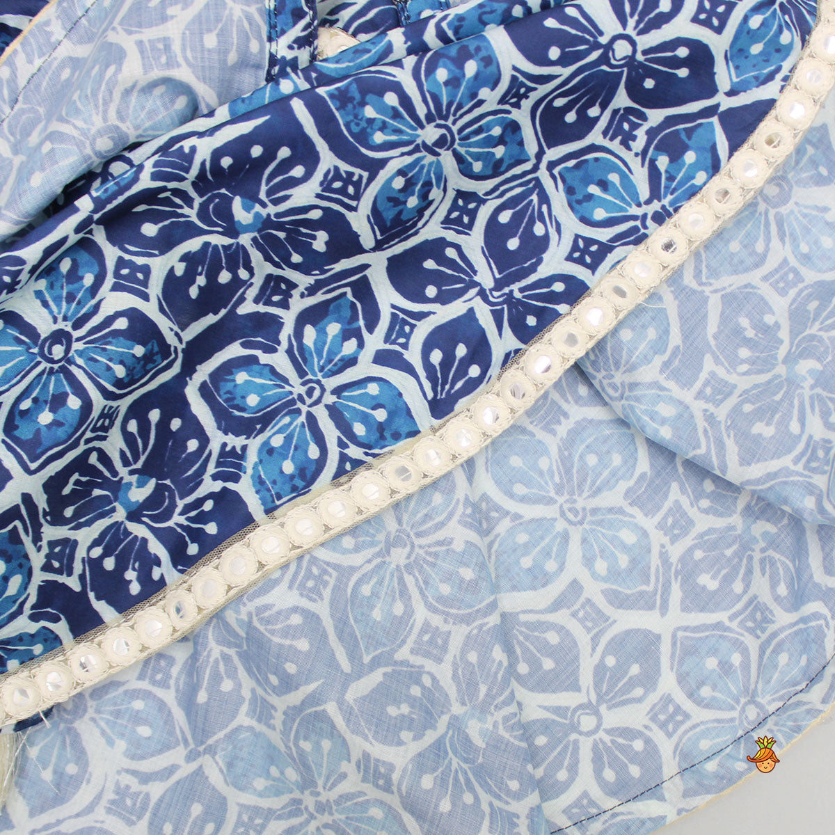 Pre Order: Printed Blue Crop Top With High Low Jacket And Dhoti