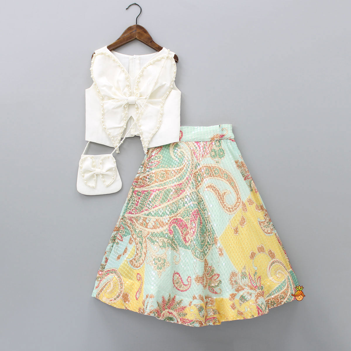 Pre Order: Elegant Pearl Embroidered Butterfly Top And Sequins Work Lehenga With Sling Bag