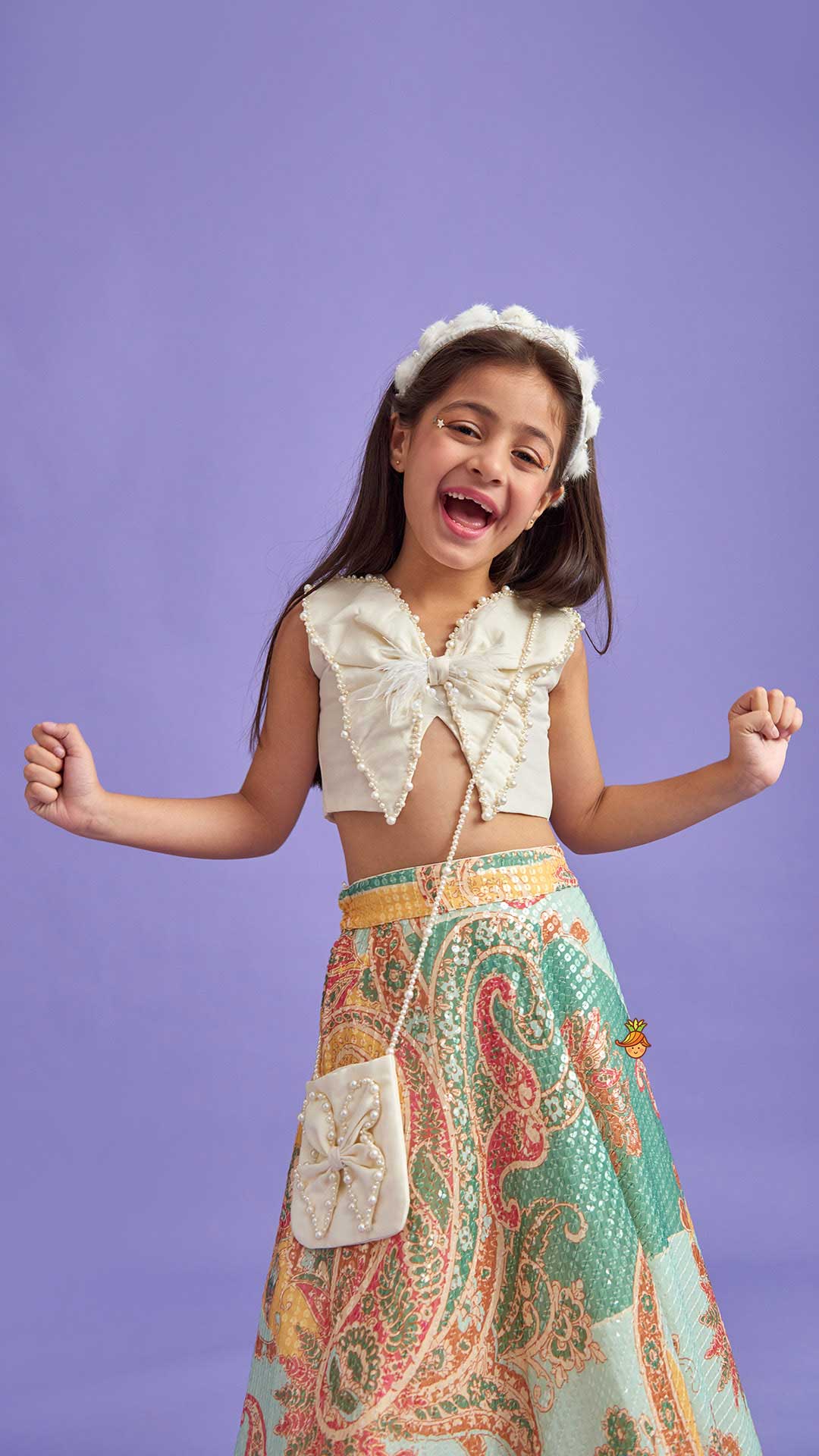 Pre Order: Elegant Pearl Embroidered Butterfly Top And Sequins Work Lehenga With Sling Bag