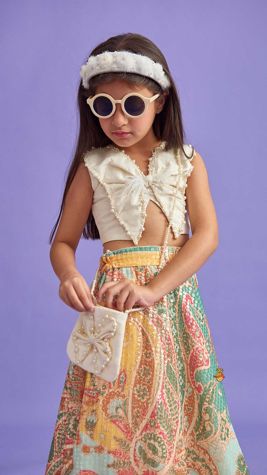 Pre Order: Elegant Pearl Embroidered Butterfly Top And Sequins Work Lehenga With Sling Bag