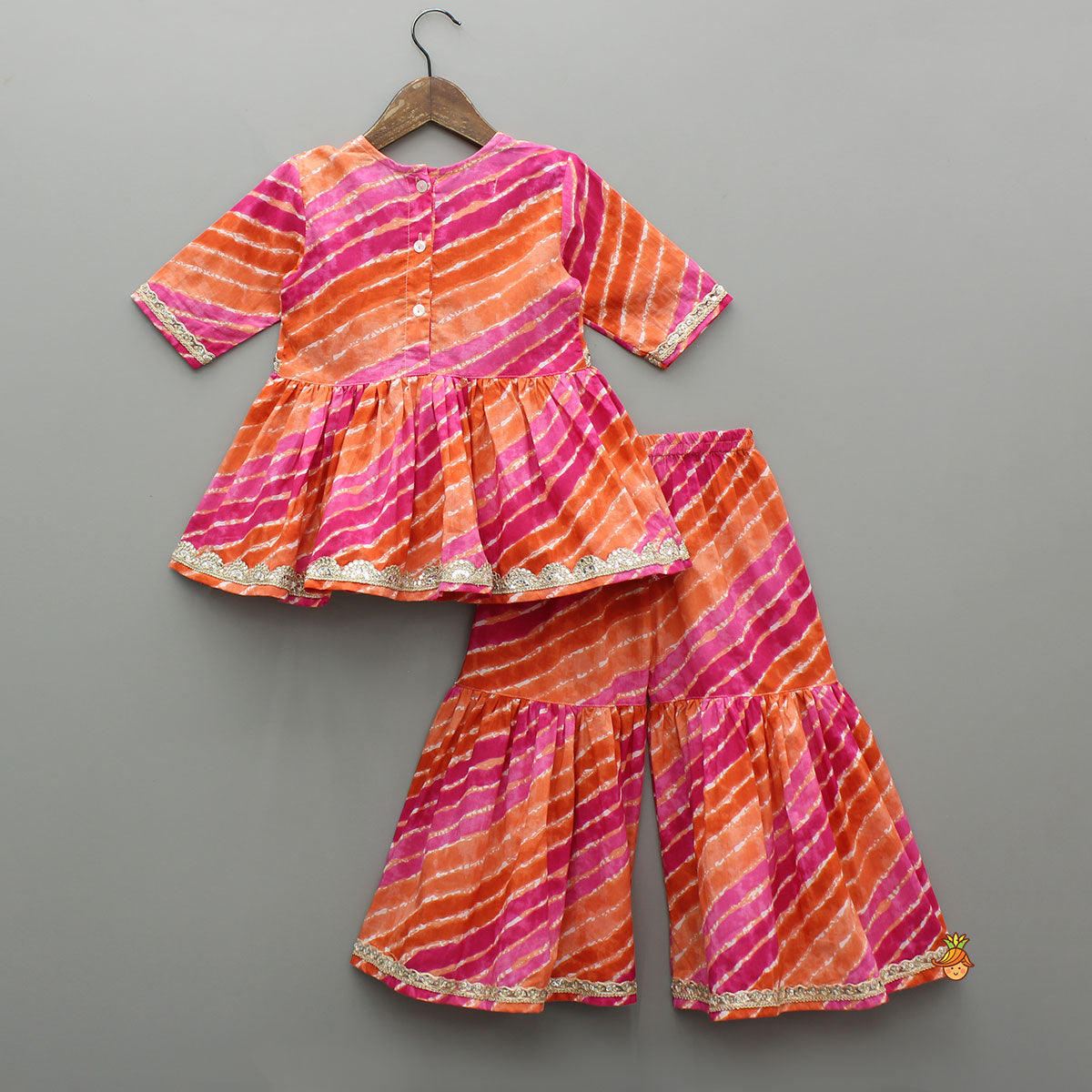 Pre Order: Multicolour Leheriya Printed Kurti With Lace Work Sharara And Dupatta