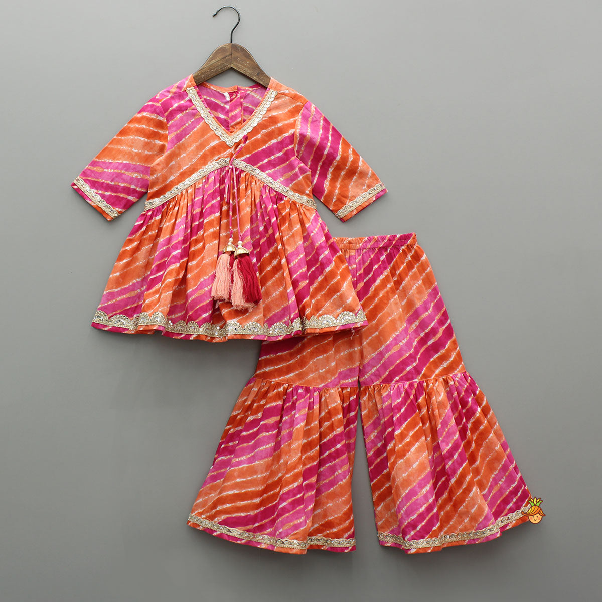 Pre Order: Multicolour Leheriya Printed Kurti With Lace Work Sharara And Dupatta