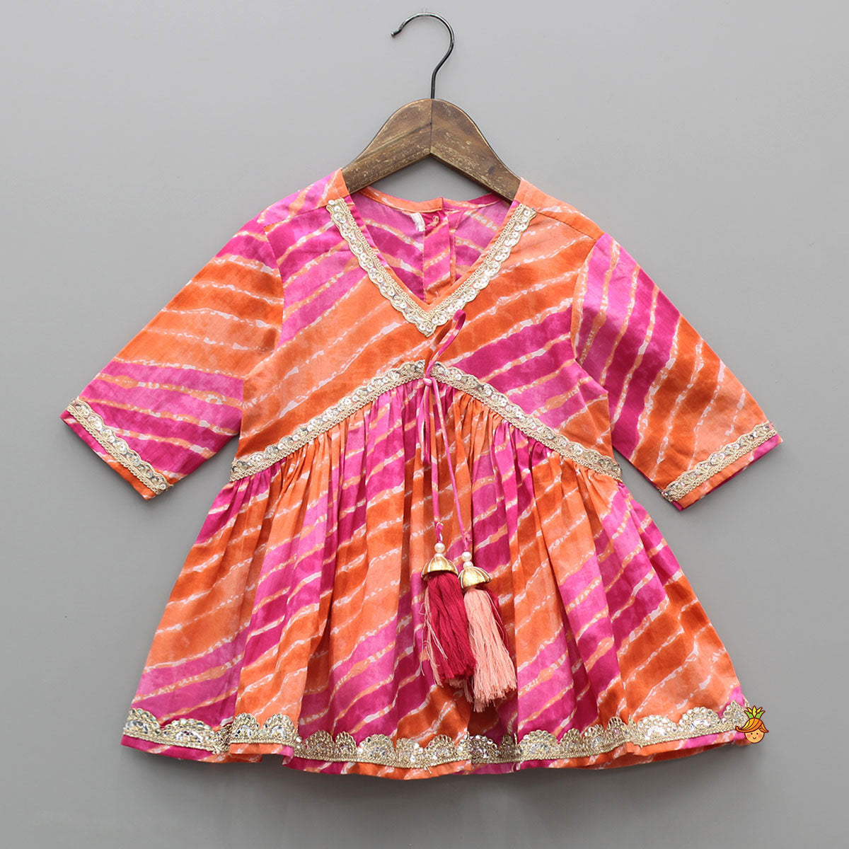 Pre Order: Multicolour Leheriya Printed Kurti With Lace Work Sharara And Dupatta