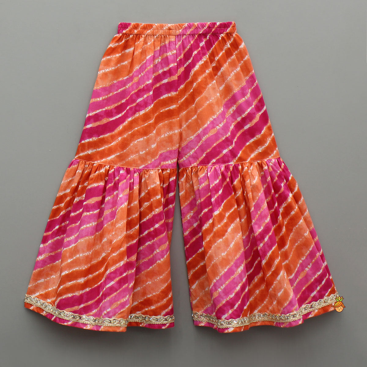 Pre Order: Multicolour Leheriya Printed Kurti With Lace Work Sharara And Dupatta