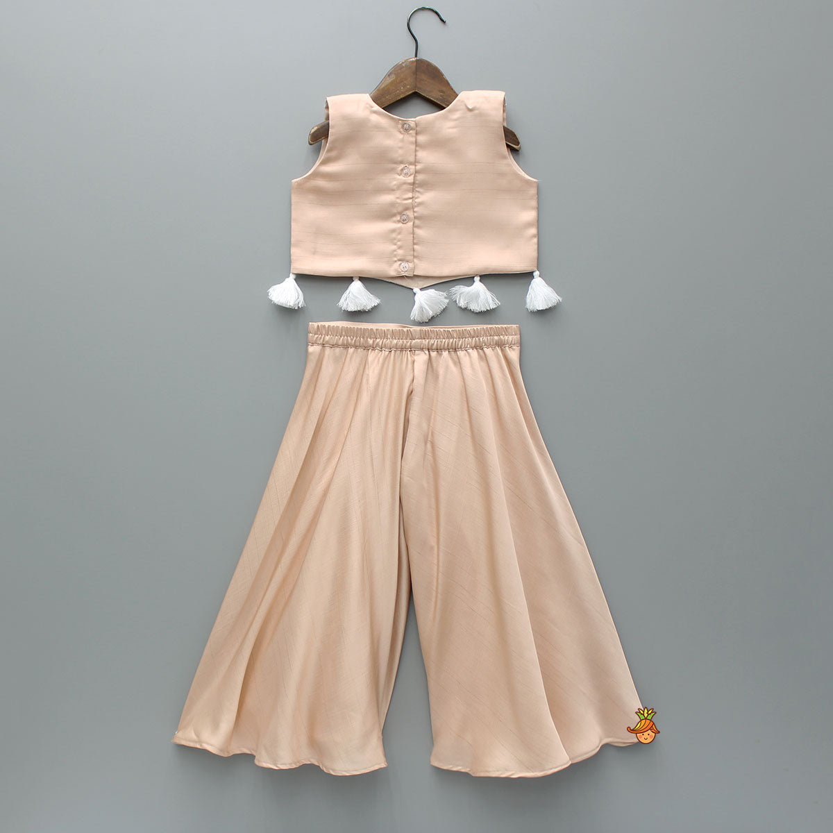 Pre Order: Floral Embroidered Fringed Hem Top And Flared Palazzo