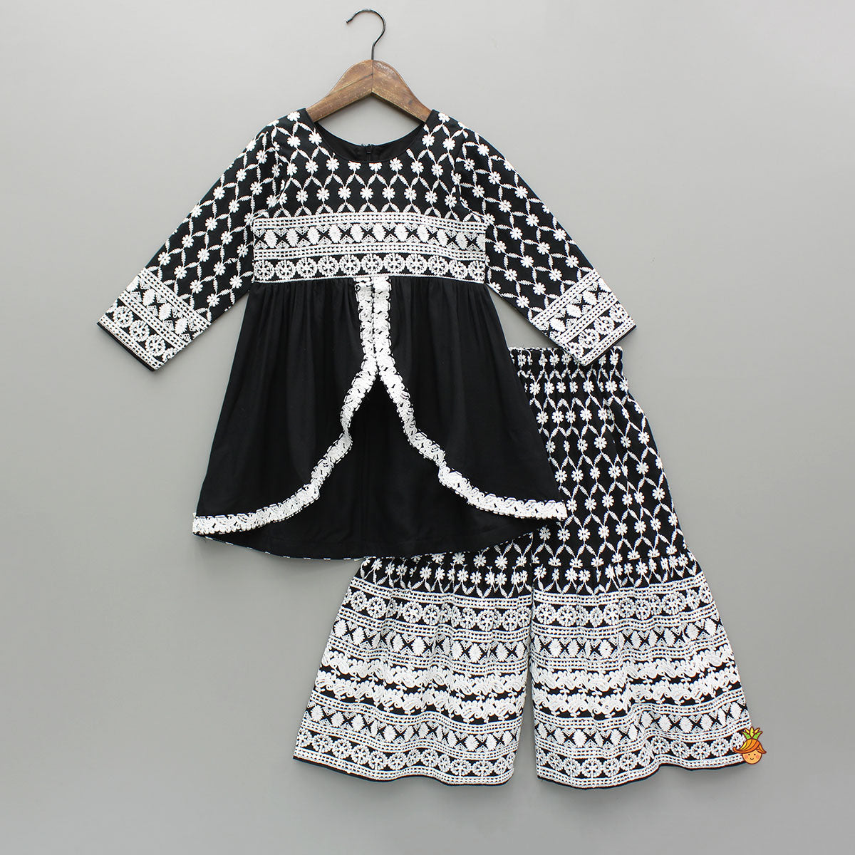 Pre Order: Intricate Embroidered Front Slit Black Kurti And Sharara