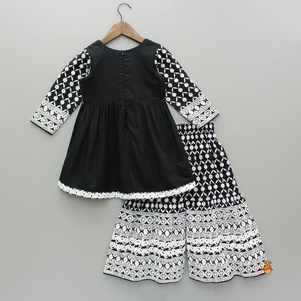 Pre Order: Intricate Embroidered Front Slit Black Kurti And Sharara