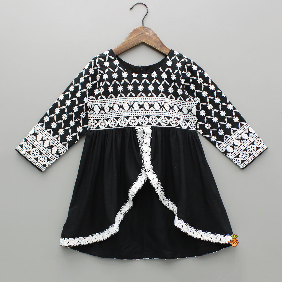 Pre Order: Intricate Embroidered Front Slit Black Kurti And Sharara