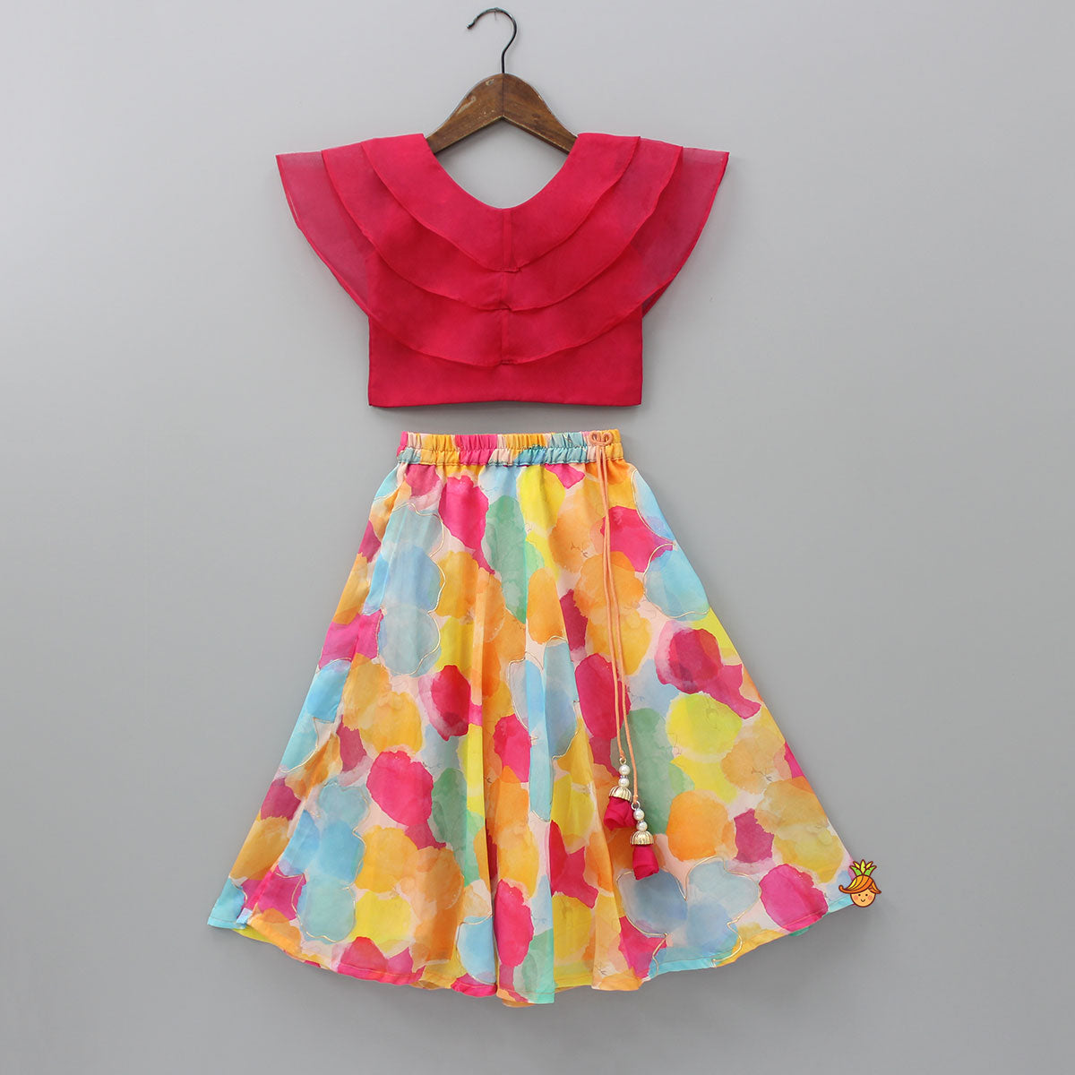 Ruffle Layered Top With Printed Lehenga