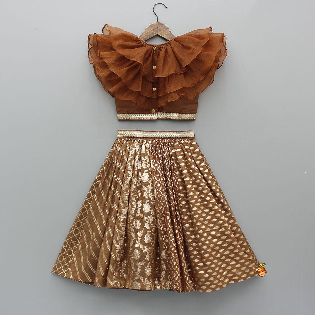 Pre Order: Organza Triple Layered Flap Brown Top And Zari Embroidered Lehenga