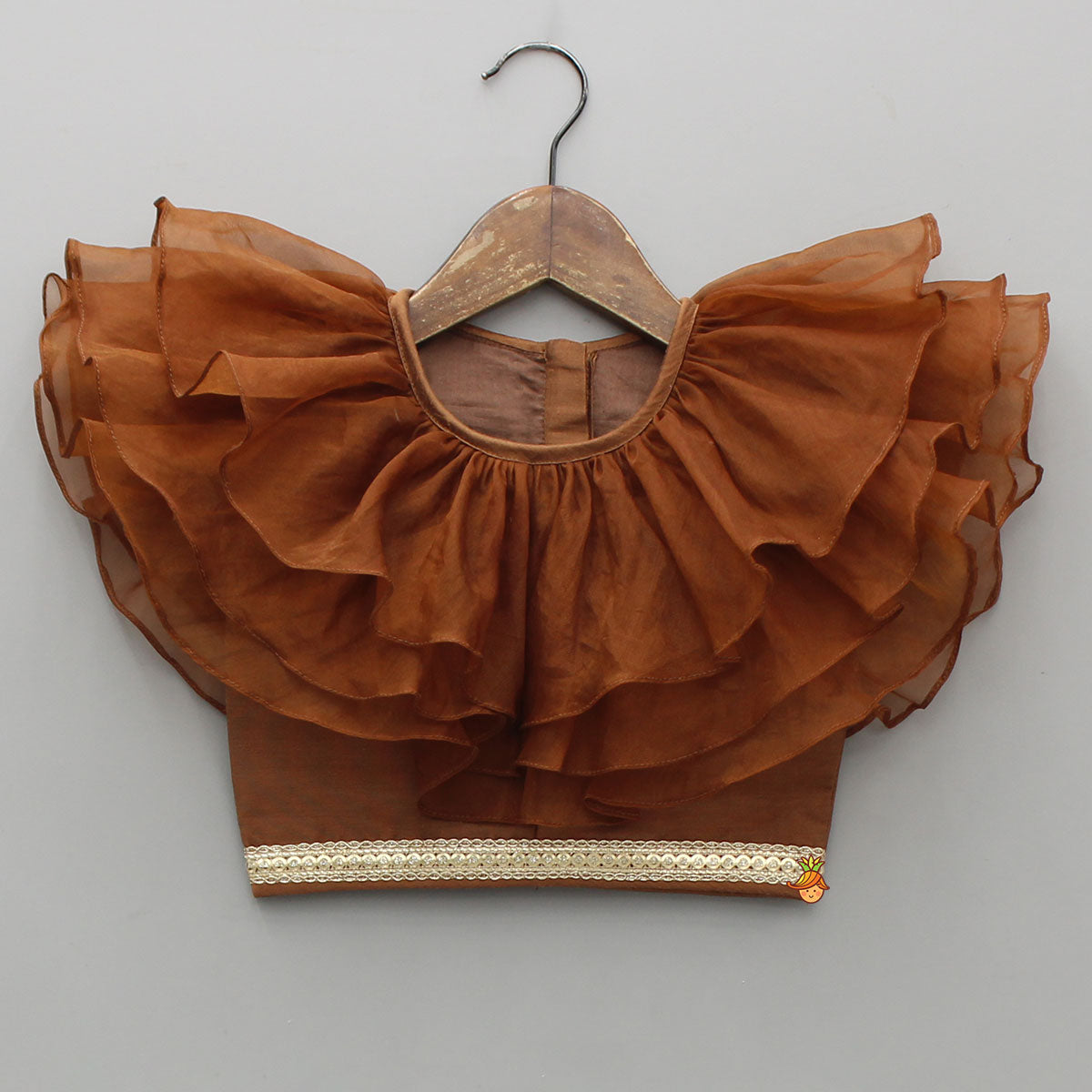 Pre Order: Organza Triple Layered Flap Brown Top And Zari Embroidered Lehenga