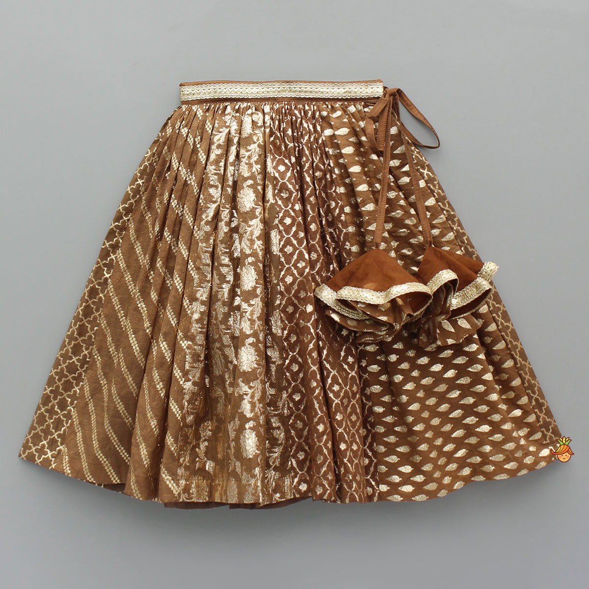 Pre Order: Organza Triple Layered Flap Brown Top And Zari Embroidered Lehenga