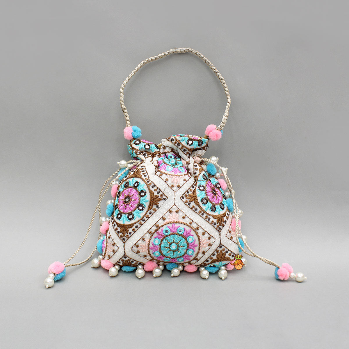 Pre Order: Multicolour Embroidered Pom Pom Tassels Detailed Potli Bag