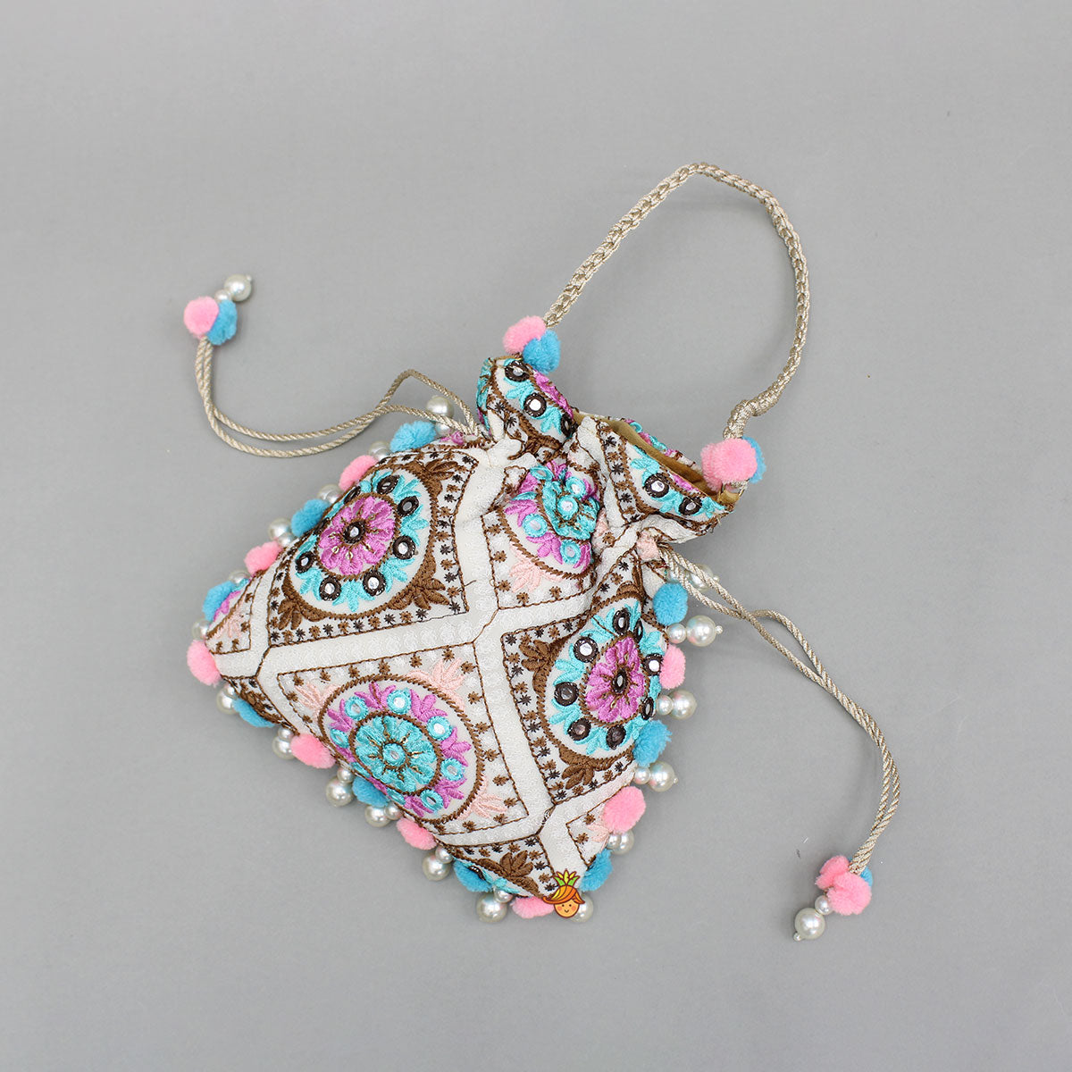Pre Order: Multicolour Embroidered Pom Pom Tassels Detailed Potli Bag