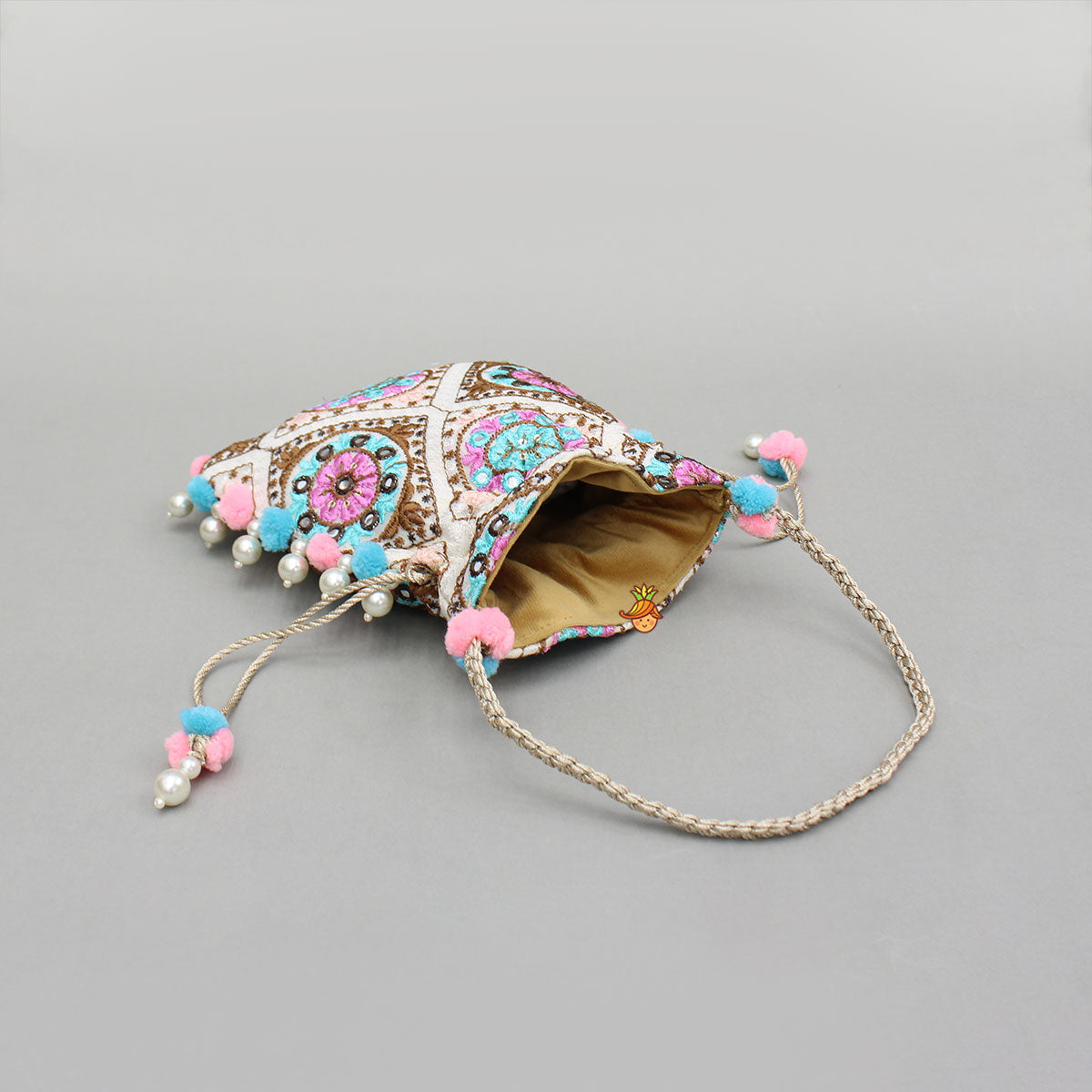 Pre Order: Multicolour Embroidered Pom Pom Tassels Detailed Potli Bag