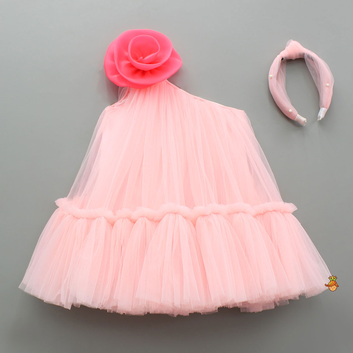 Pre Order: Swirled Flower Enhanced Pink One Shoulder Dress With Hair Band