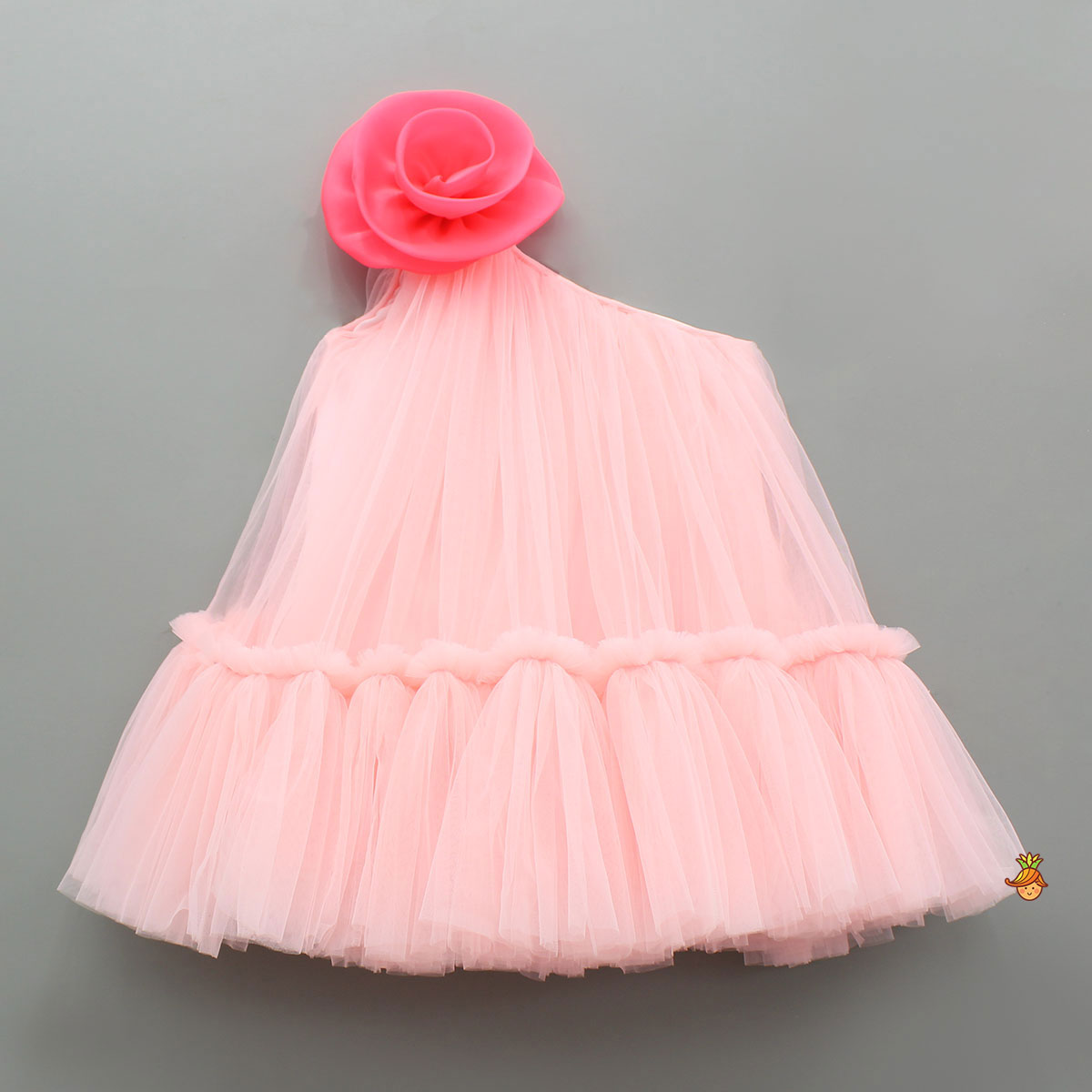 Pre Order: Swirled Flower Enhanced Pink One Shoulder Dress With Hair Band