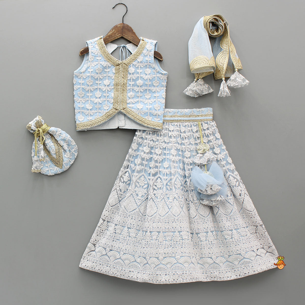 Pre Order: Sequins Embellished Blue Top And Lehenga With Dupatta And Potli Bag