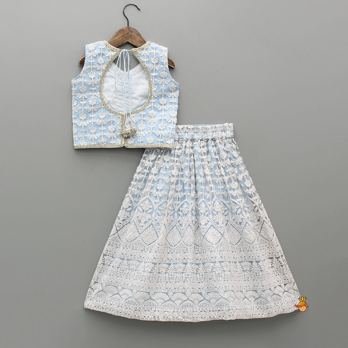 Pre Order: Sequins Embellished Blue Top And Lehenga With Dupatta And Potli Bag