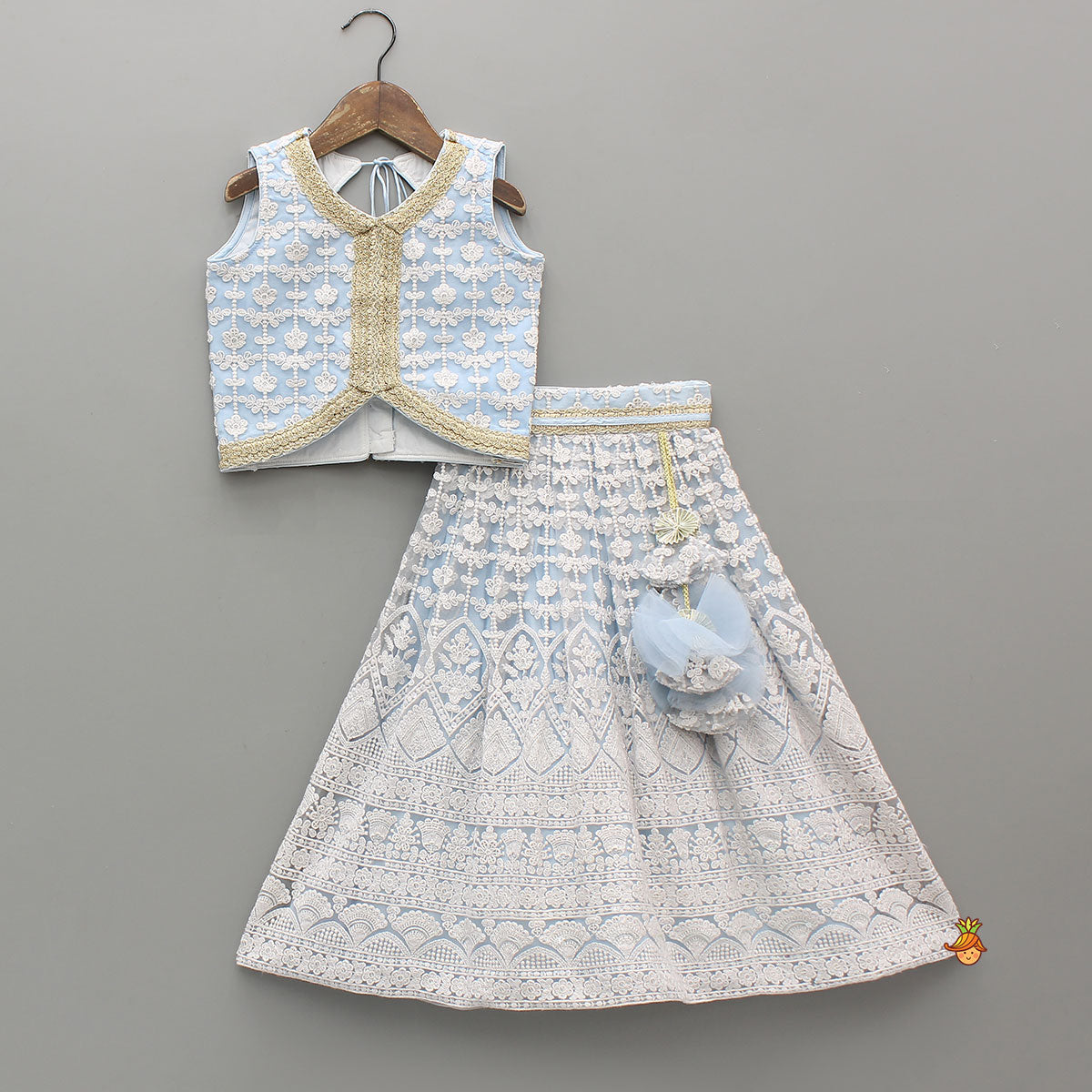 Pre Order: Sequins Embellished Blue Top And Lehenga With Dupatta And Potli Bag