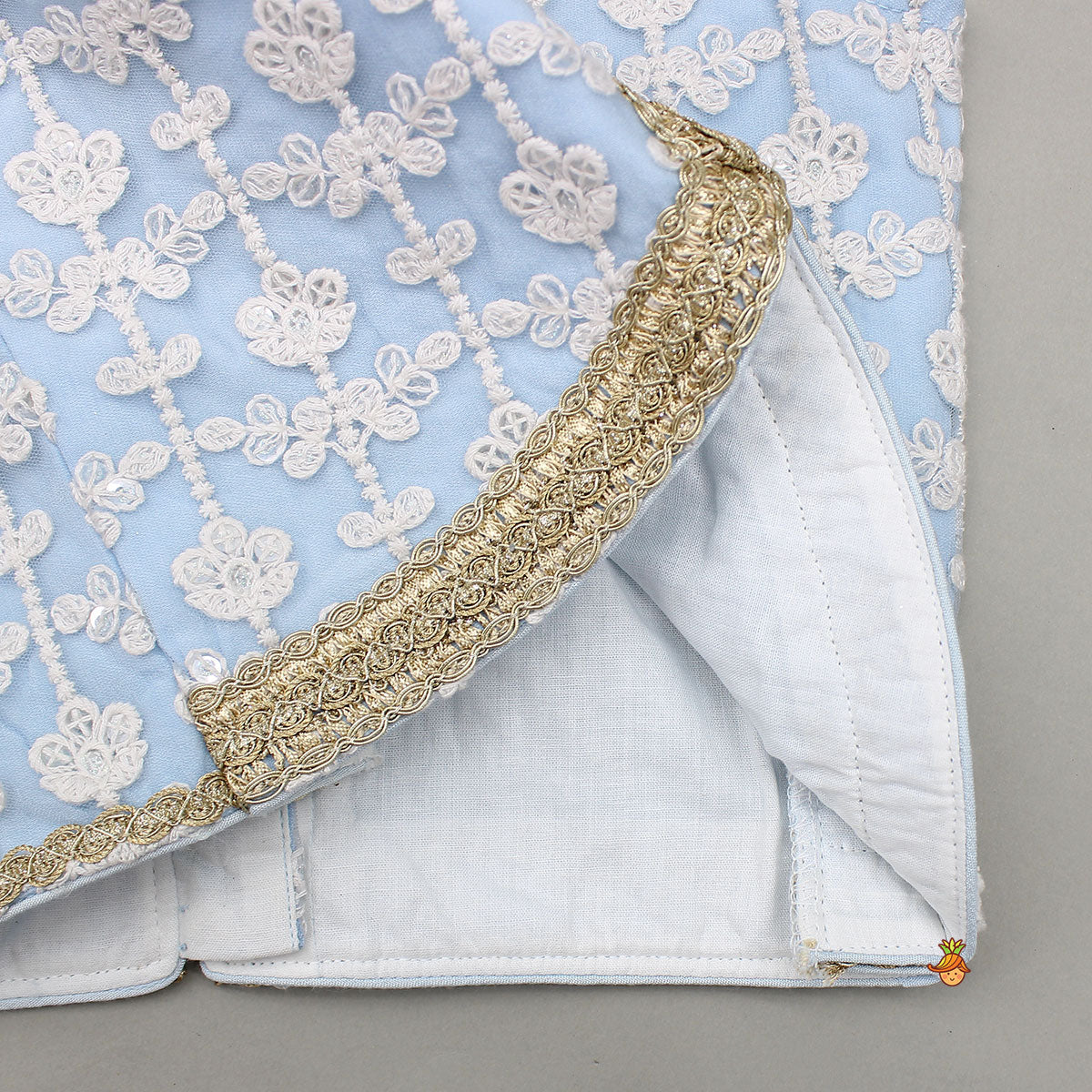 Pre Order: Sequins Embellished Blue Top And Lehenga With Dupatta And Potli Bag