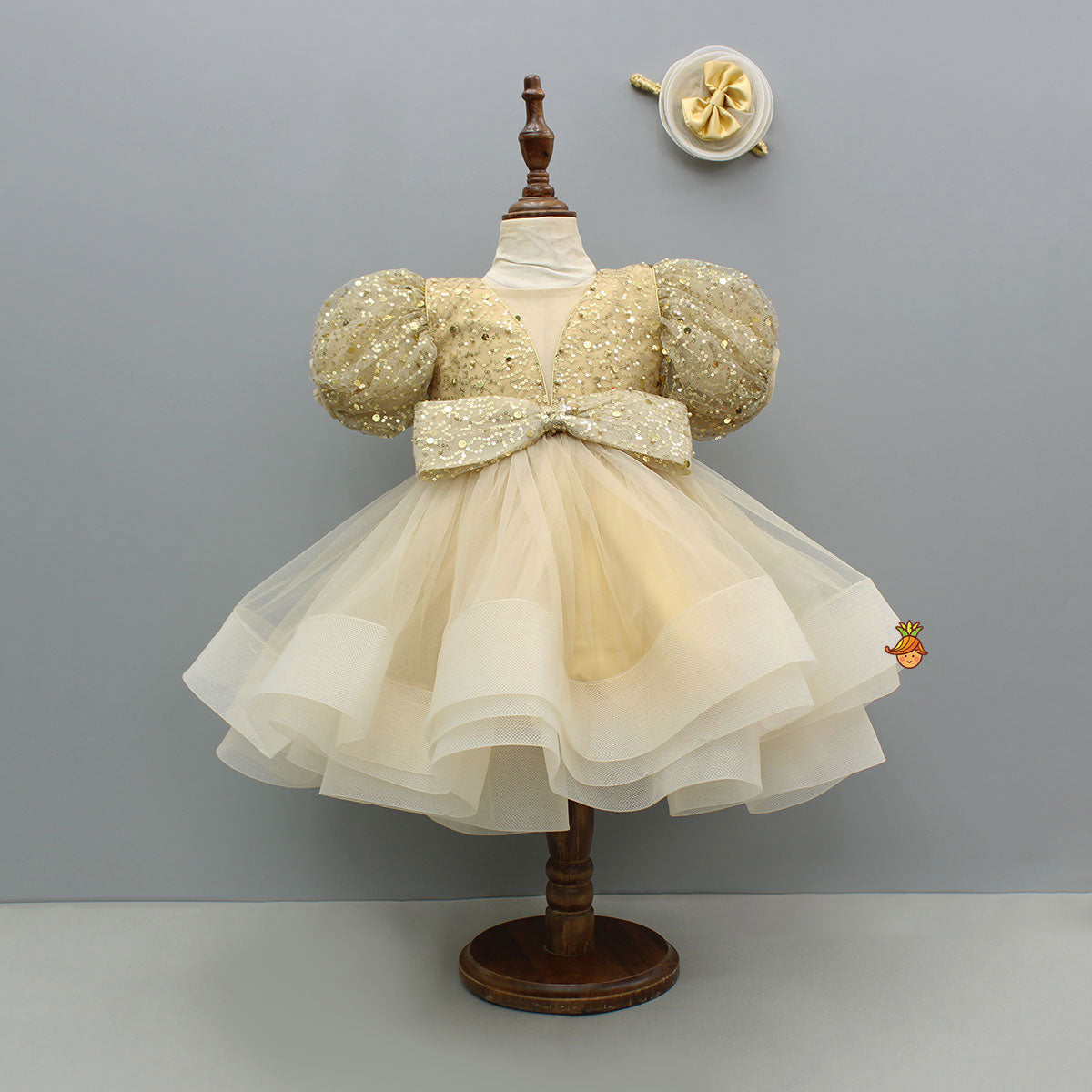 Pre Order: Sequins Enhanced Puff Sleeves Ruffle Dress With Bowie Head Band
