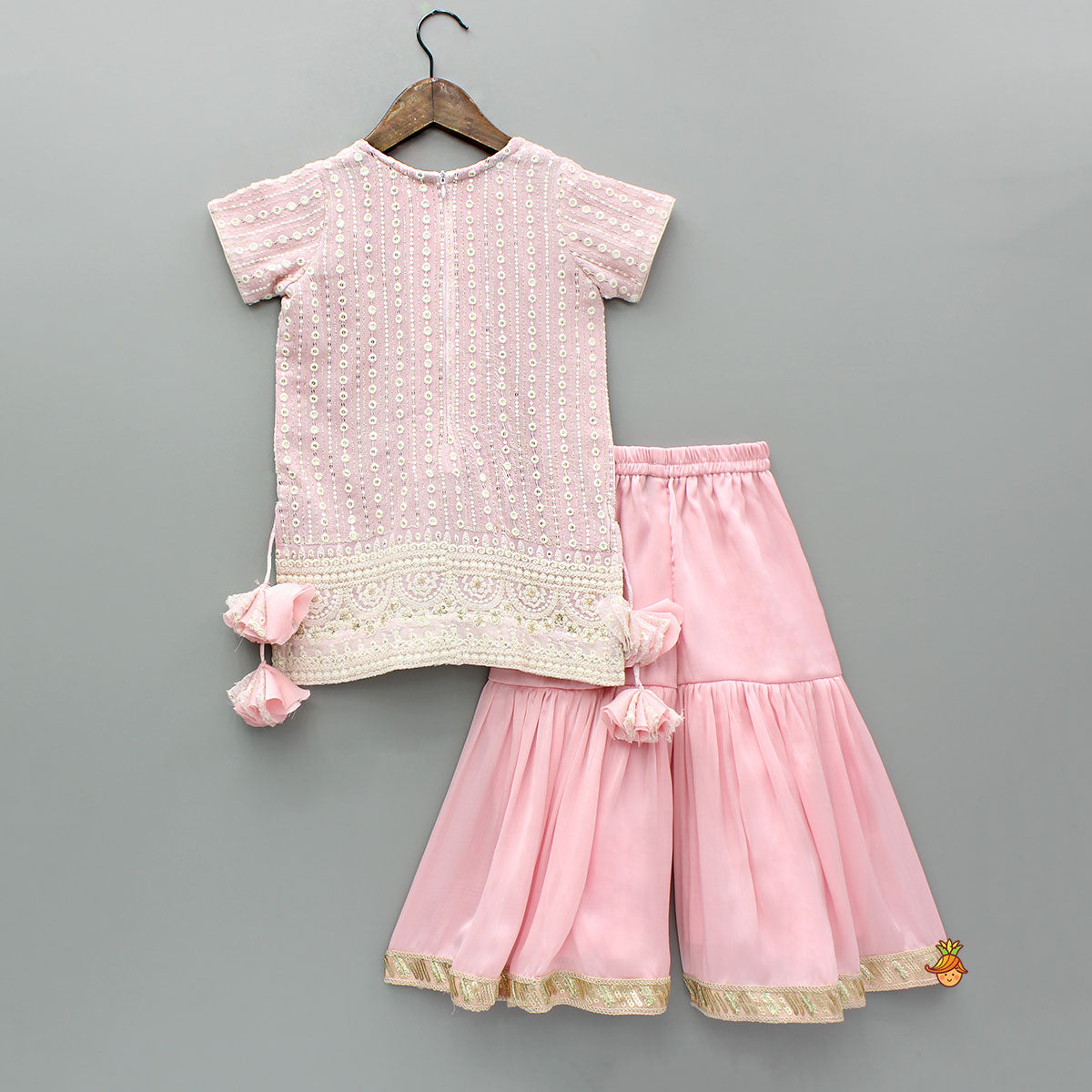 Pre Order: Splendid Embroidered Georgette Pink Kurti With Sharara And Dupatta