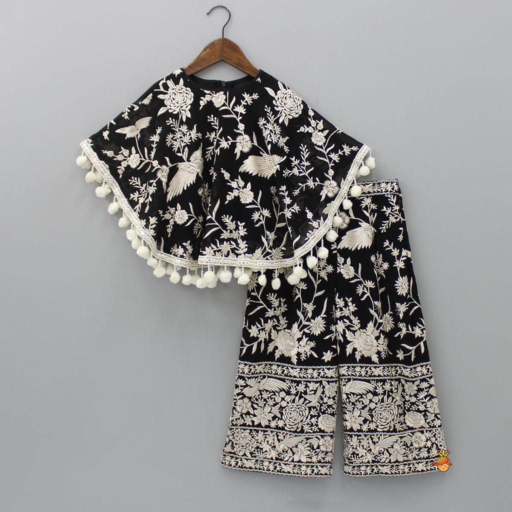 Women Printed Overlap Cape With Pom Pom Detail main image 0