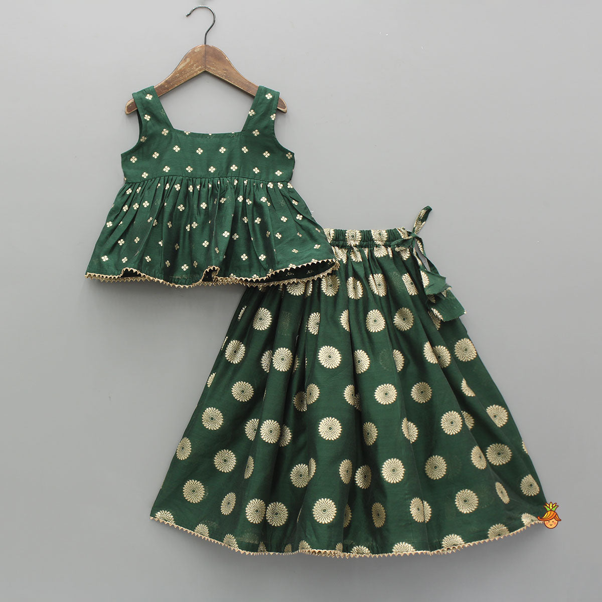 Pre Order: Embroidered Sleeveless Green Peplum Top And Lehenga