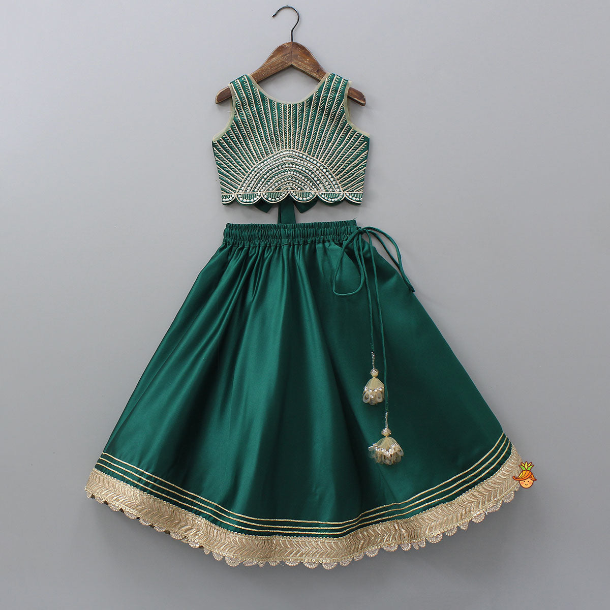 Pre Order: Stunning Scalloped Hem Green Top And Lehenga