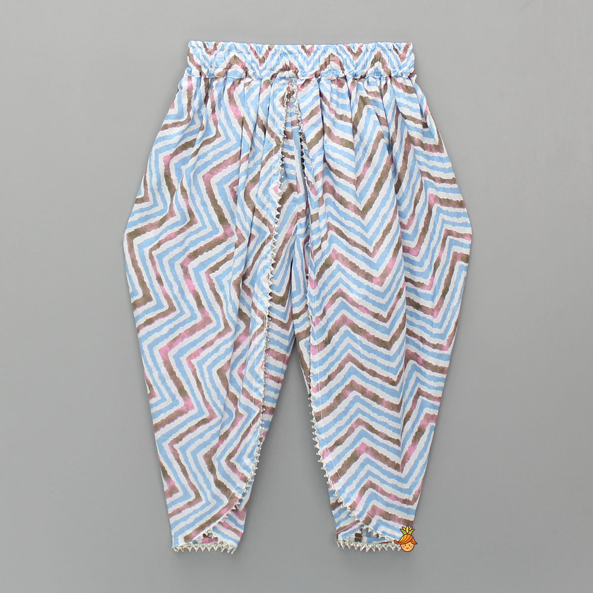 Pre Order: Tie Up Straps Floral Printed Blue Kurti And Chevron Dhoti