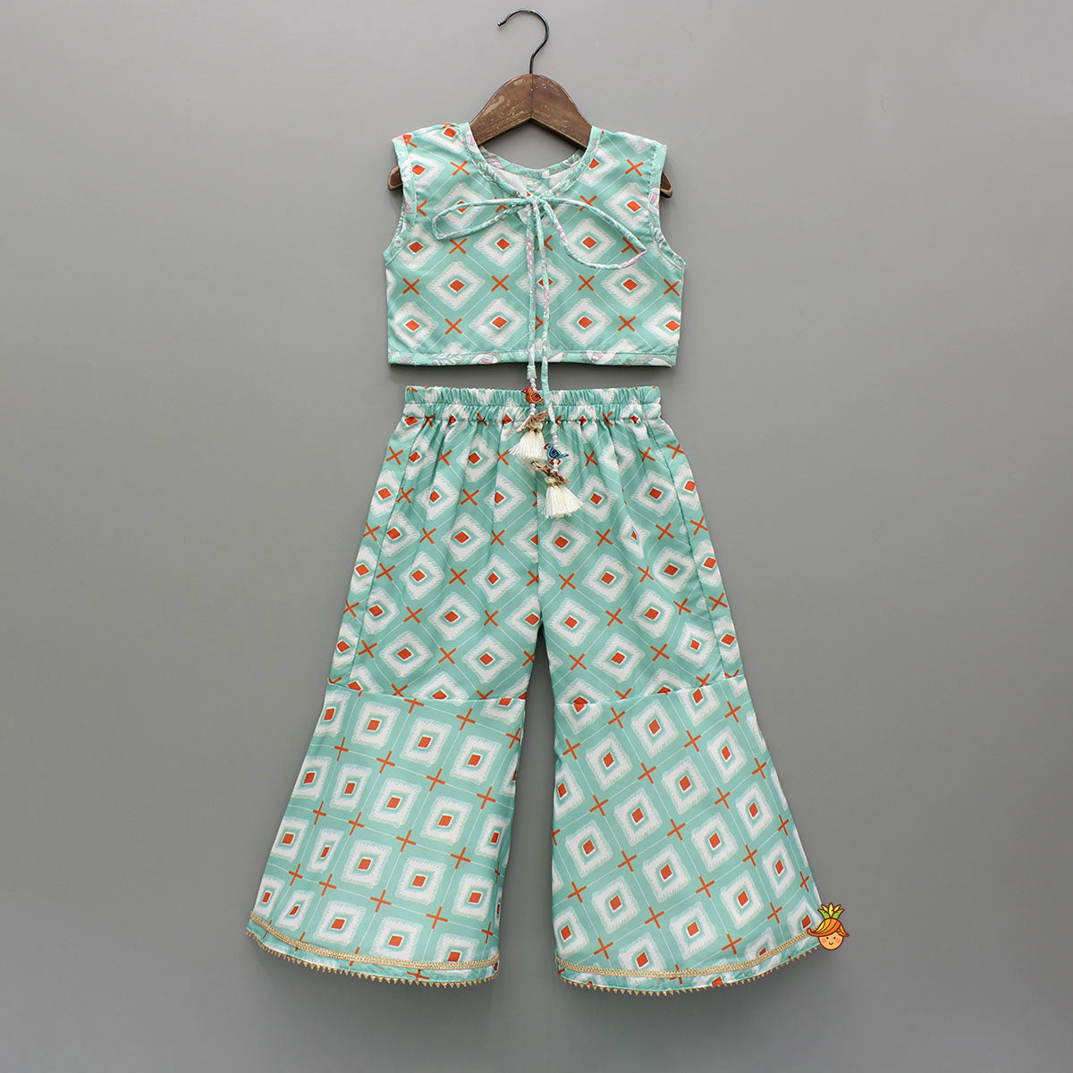 Pre Order: Printed Crop Top With Green Jacket And Sharara Style Palazzo