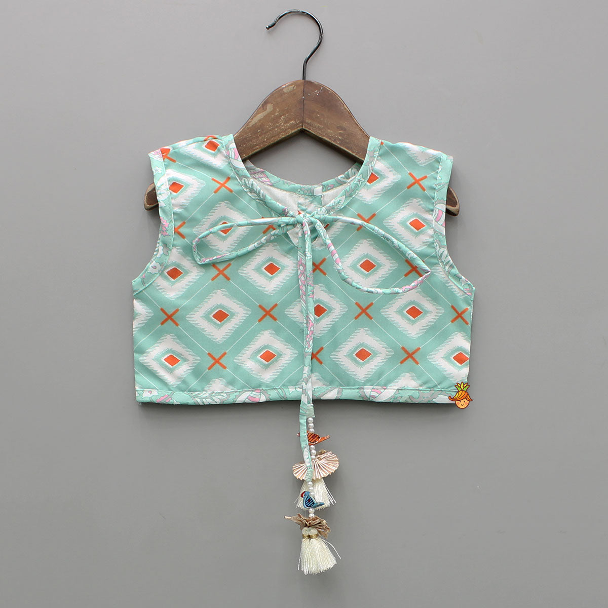 Pre Order: Printed Crop Top With Green Jacket And Sharara Style Palazzo