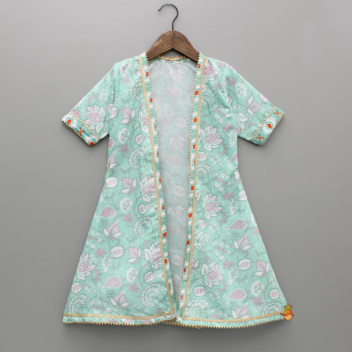 Pre Order: Printed Crop Top With Green Jacket And Sharara Style Palazzo