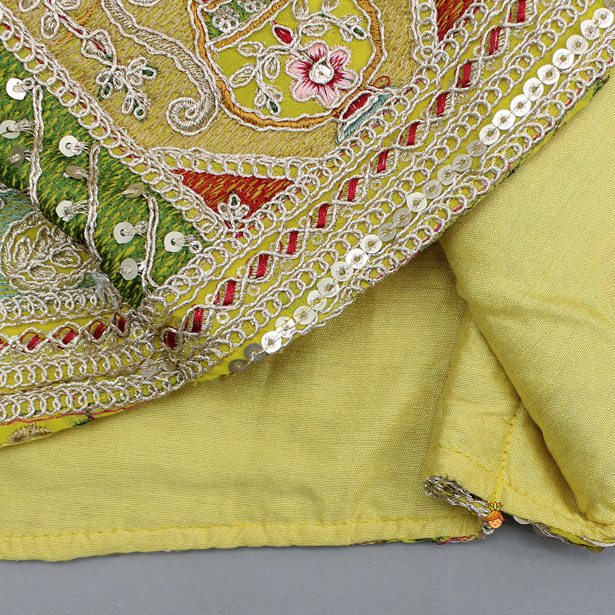 Pre Order: Round Neck Yellow Kurti With Heavy Embroidered Jacket