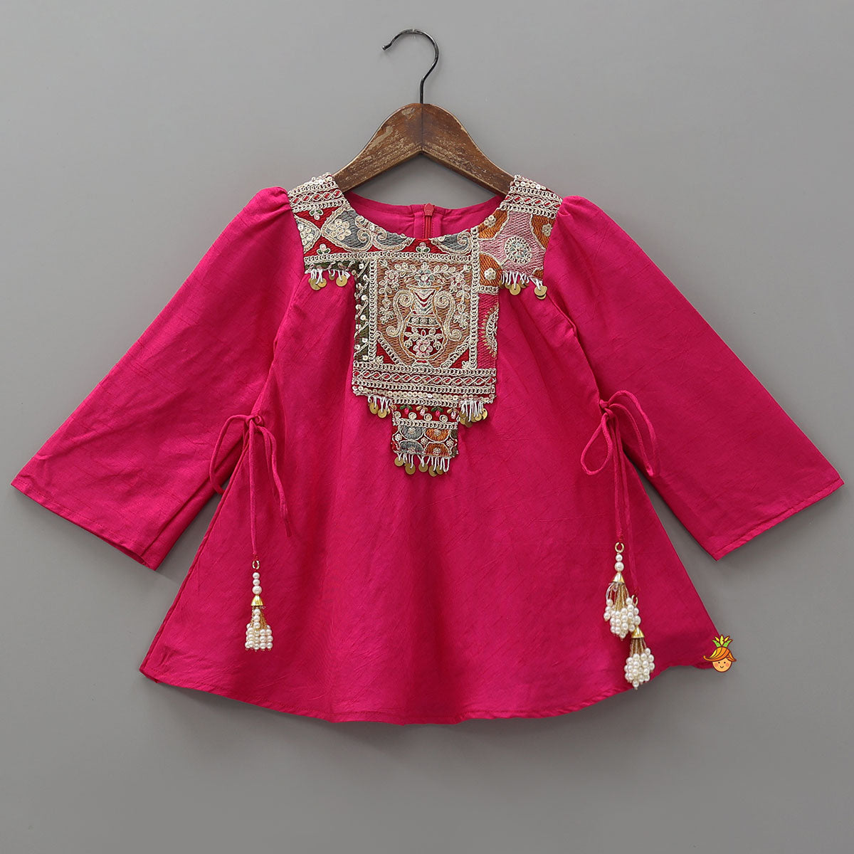 Pre Order: Embroidered Yoke Tassels Enhanced Kurti And Dhoti