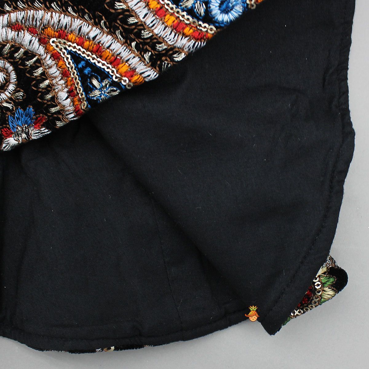 Pre Order: Heavy Embroidered Black Velvet Top And Gota Lace Work Flared Lehenga