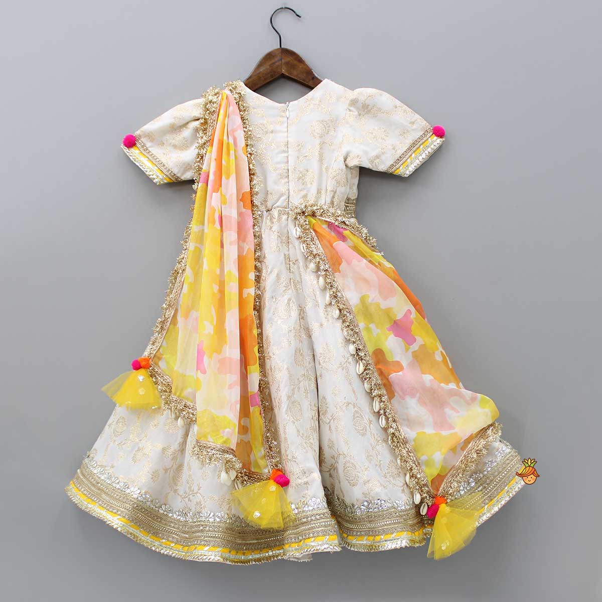 Pre Order: V Neck Chanderi Embroidered Off White Anarkali With Attached Multicolour Printed Dupatta