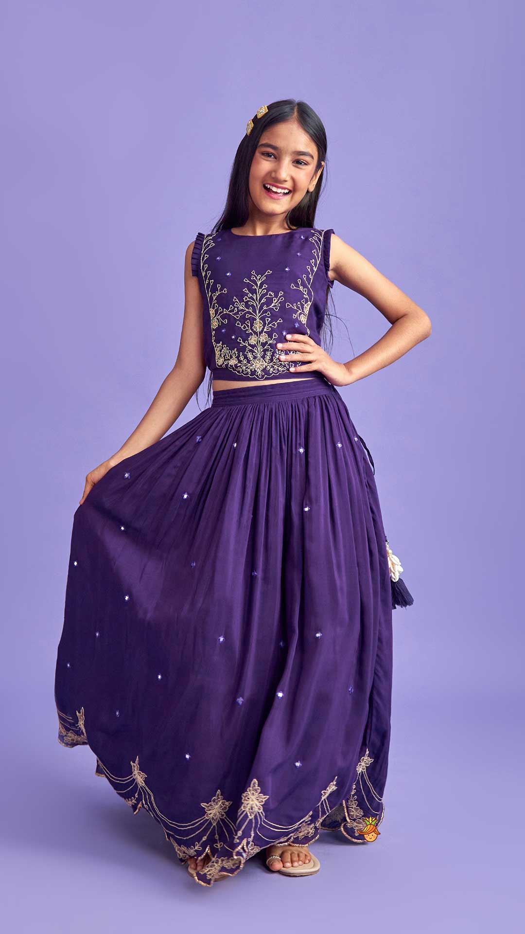 Pre Order: Dual Back Knot Detail Purple Top And Tassels Enhanced Lehenga