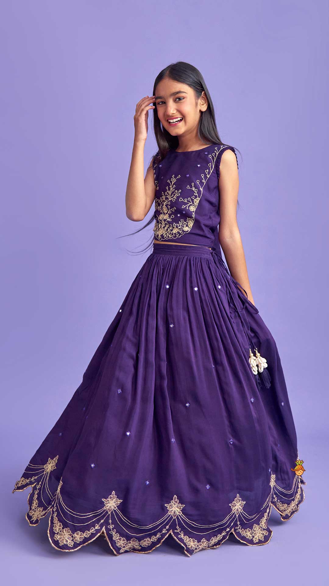 Pre Order: Dual Back Knot Detail Purple Top And Tassels Enhanced Lehenga